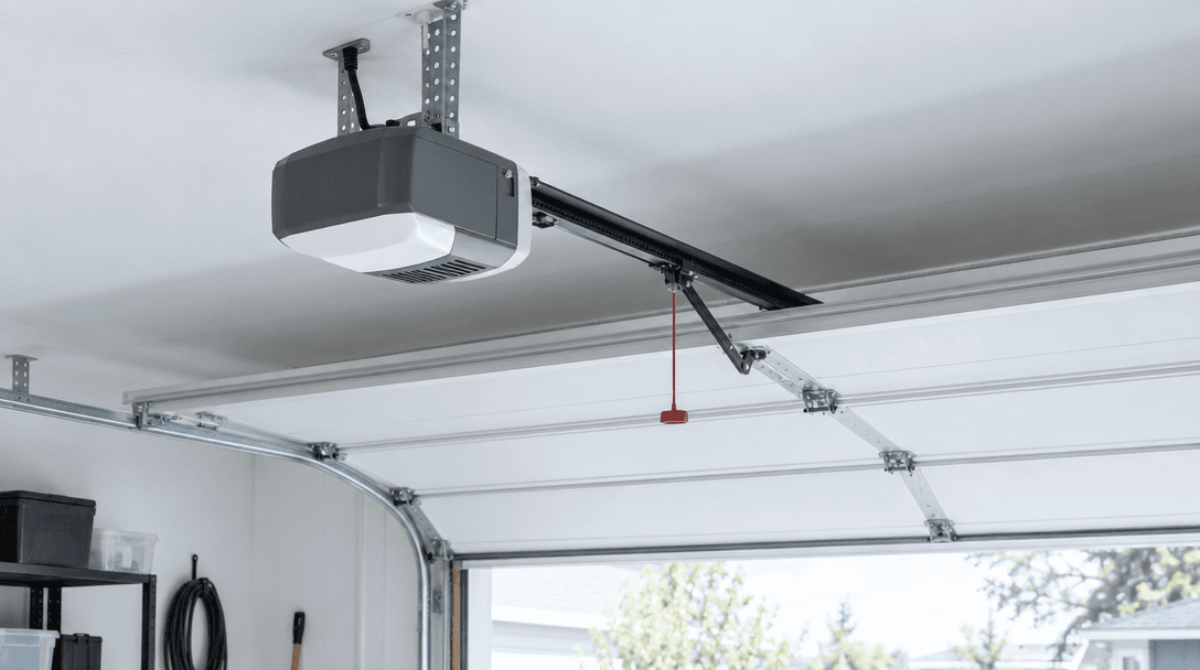 Ceiling-mounted garage door opener and metal rails
