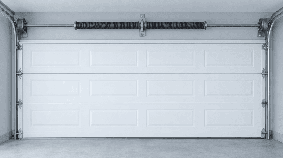 Torsion spring mounted above a white sectional garage door