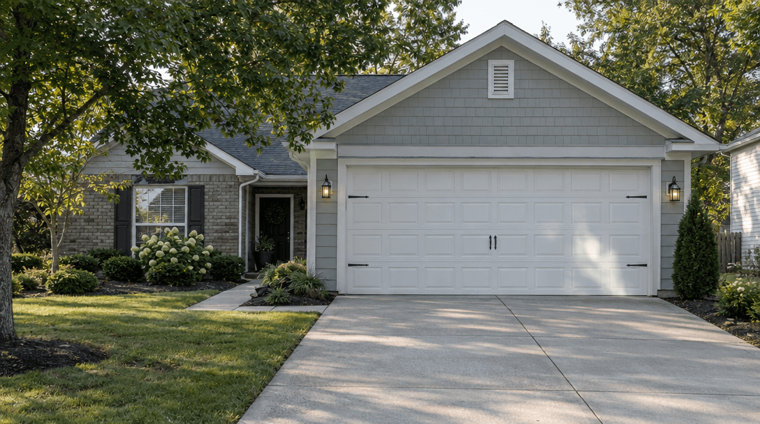 White paneled garage door on a suburban home